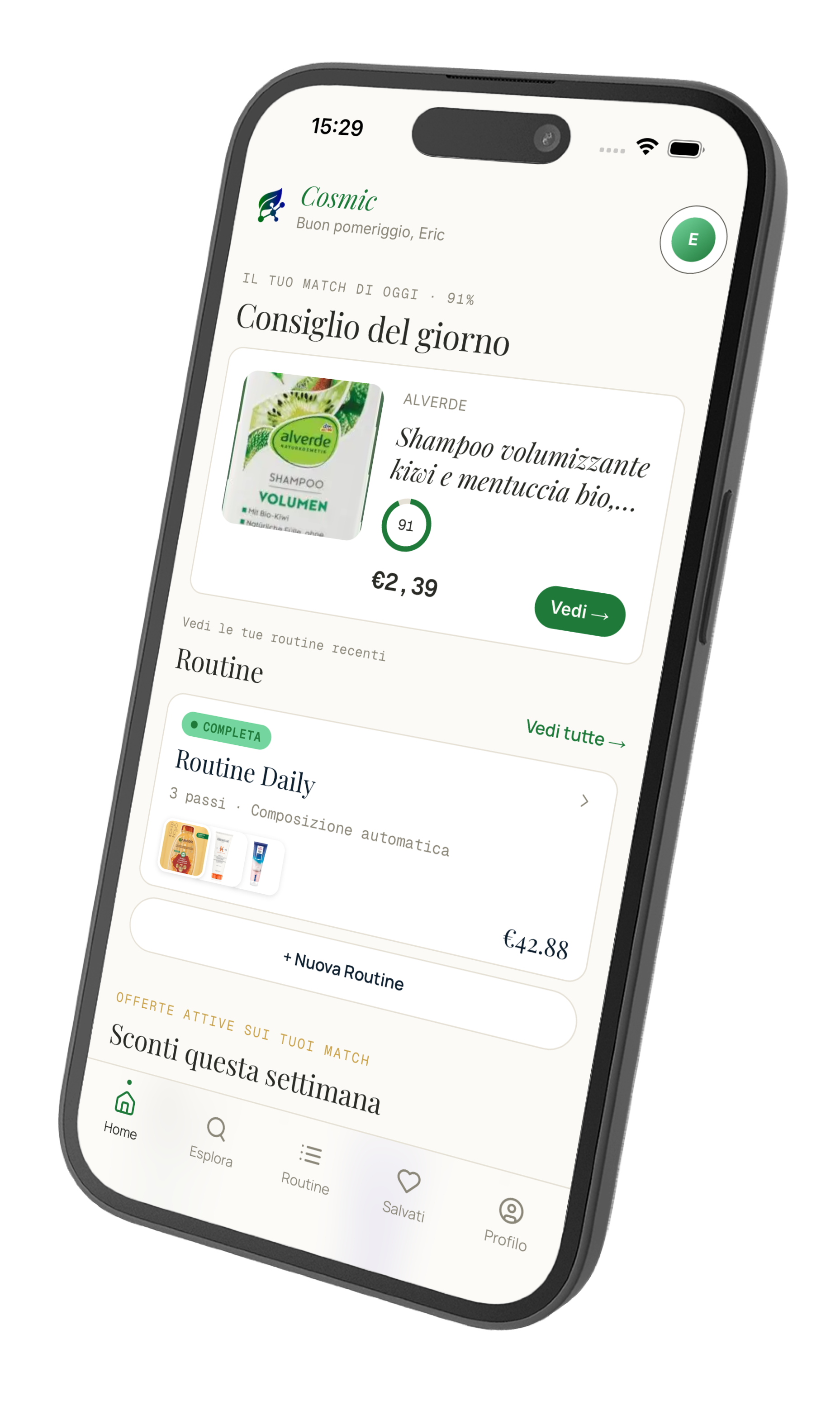 L'app Cosmic con il match di prodotto di oggi e una routine consigliata